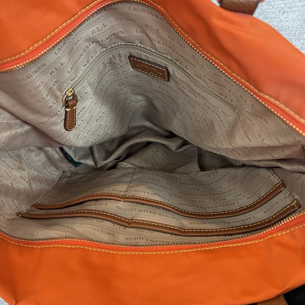 Ralph Lauren Bright Orange Leather Straps Nylon Tote Purse Bag Gold - Picture 6 of 9